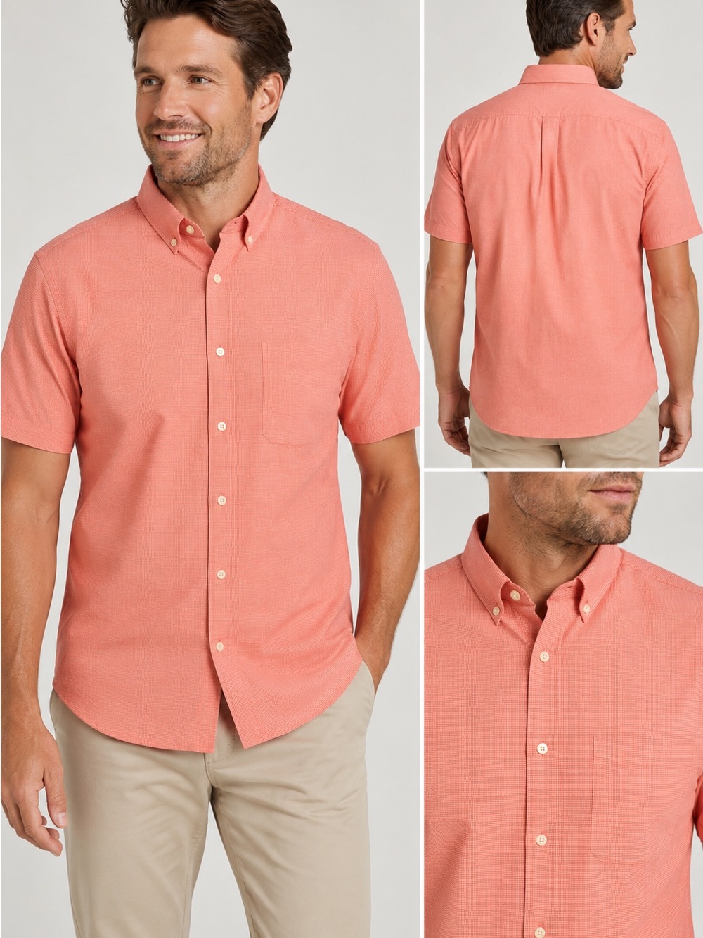 Roundtree & Yorke Men’s Coral Micro Check Button Down Shirt | Trim Fit Medium